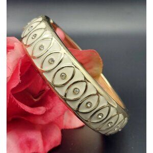 Beautiful Gold Tone & White Enamel Hinged Bangle Bracelet Tiny Rhinestone Accent